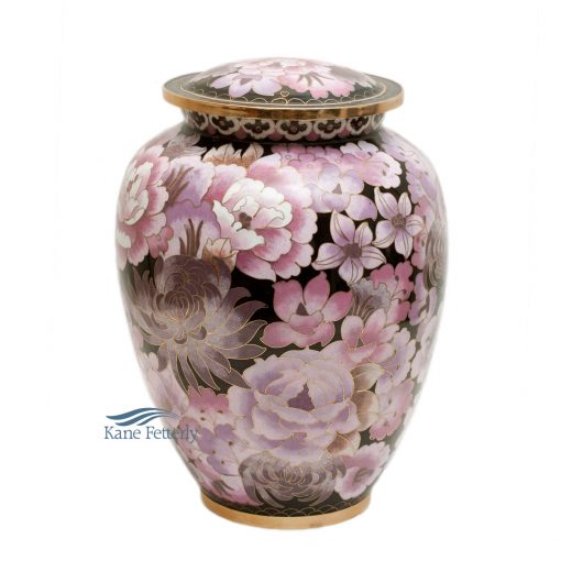 Floral pink and black cloisonné urn