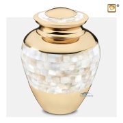 Brass urn with mother-of-pearl inlays and polished gold accents.