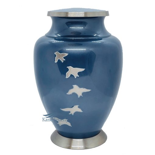 U86350 Blue brass urn with silver doves