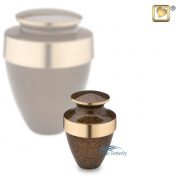 Brass miniature urn with speckled brown finish and gold bands