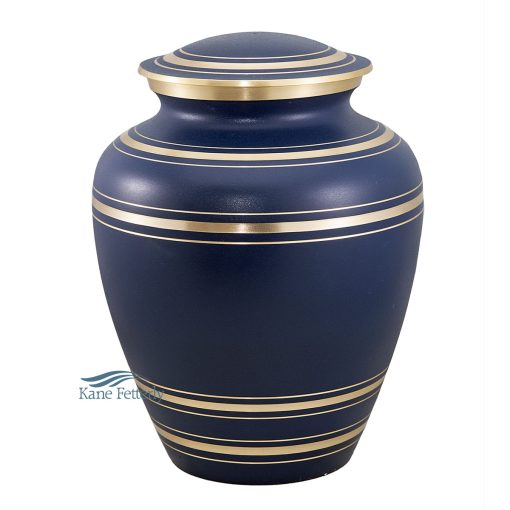 Brass urn in a deep blue hue, accented with gold bands