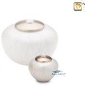 Brass miniature urn with white pearlescent finish and gold top