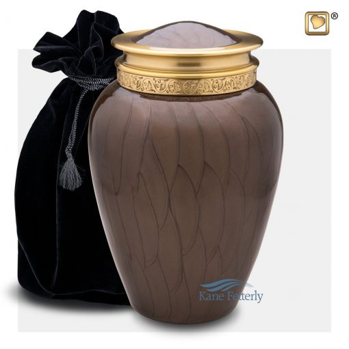 Brown and gold brass urn (shown with velvet bag)