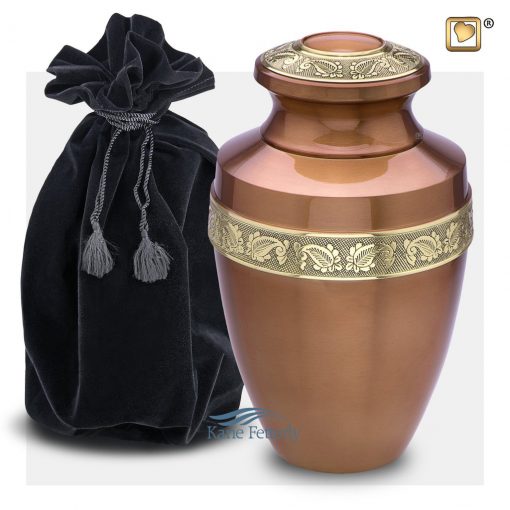 Brass urn with gold floral band shown with bag