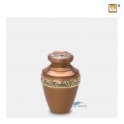 Urne miniature avec bande ornée de motif floraux avec une finition en cuivre et des accents en or brossé.