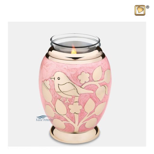 Pink brass tealight keepsake urn with gold bird and floral motifs