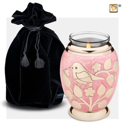 Pink brass tealight keepsake urn with gold bird and floral motifs