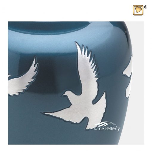 Blue aluminum urn with silver doves