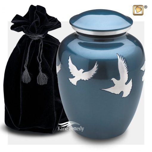 Blue aluminum urn with silver doves