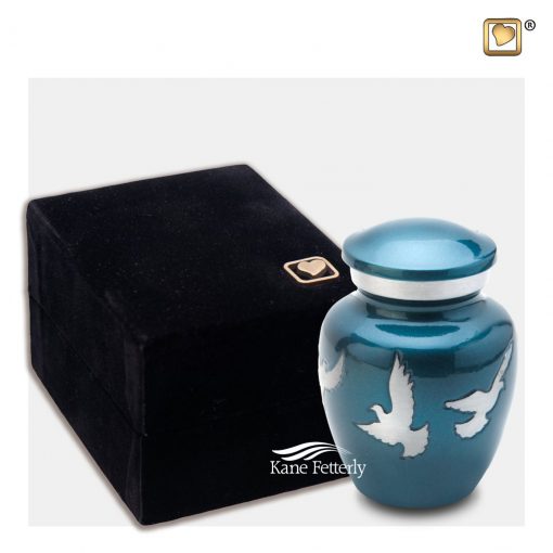 Urne miniature en laiton bleu illustrée avec la boite