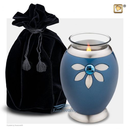 Tealight miniature urn shown with velvet bag