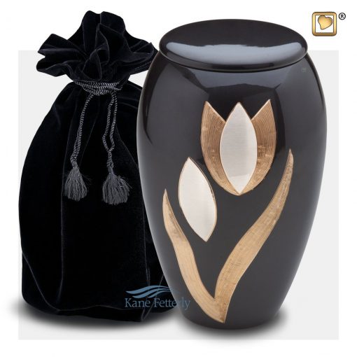 Urn shown with velvet bag