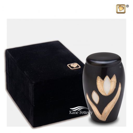 Miniature urn with tulip motif shown with velvet box
