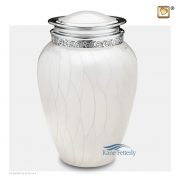 White and silver urn with pearlescent finish