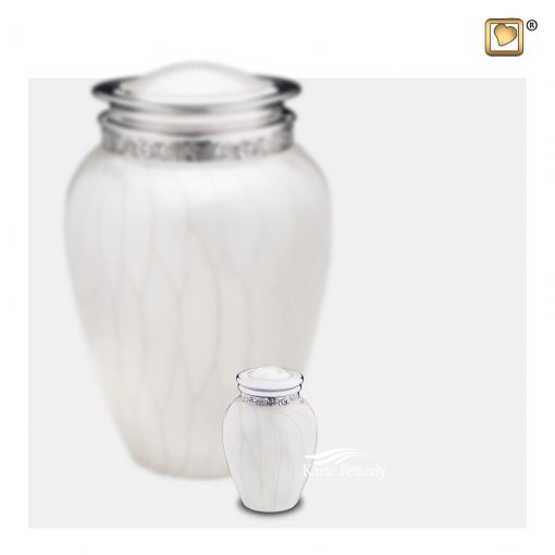 White and silver miniature urn with pearlescent finish