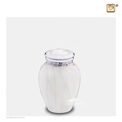 White and silver miniature urn with pearlescent finish