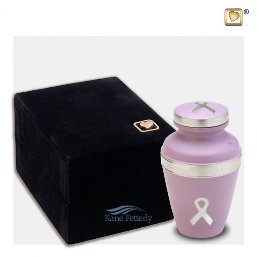 Pink brass miniature urn with awareness ribbon