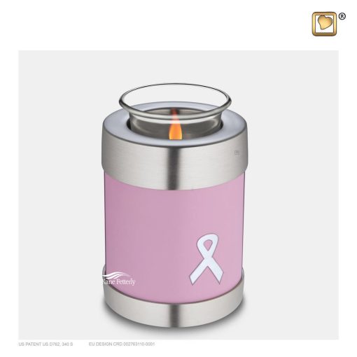 Tealight keepsake urn with an awareness ribbon on a glossy pink finish