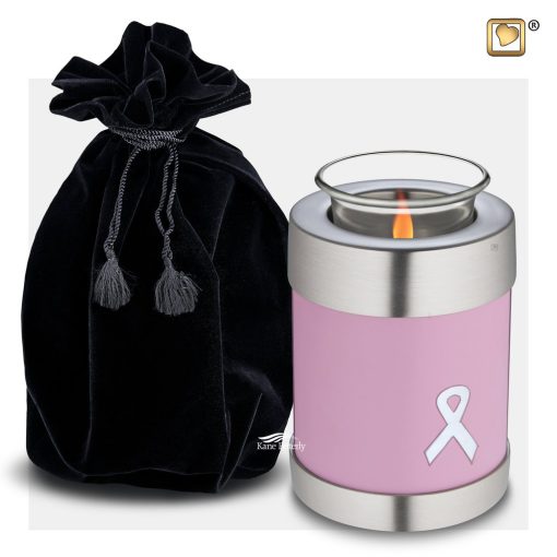 Tealight keepsake urn shown with velvet bag