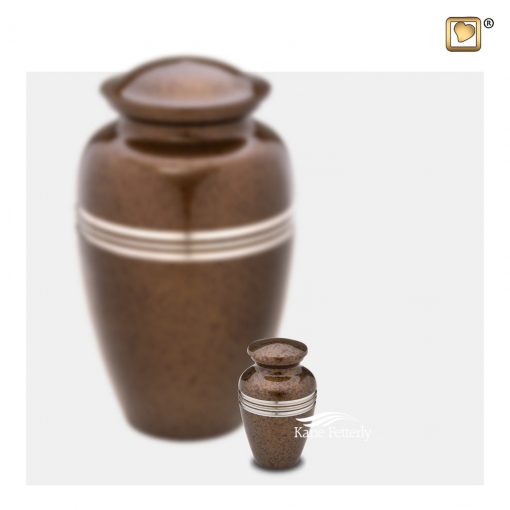 Brass miniature urn with brown speckled finish