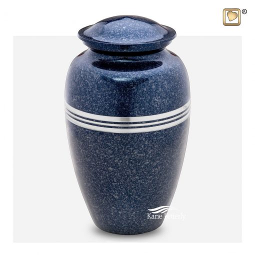 Brass urn with blue speckled finish