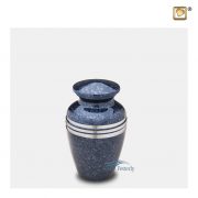 Brass miniature urn with speckled blue finish and silver bands