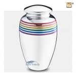 Brass urn with silver polished finish and pride rainbow motif