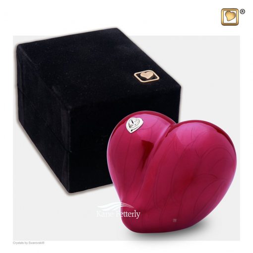 Red heart miniature urn shown with box