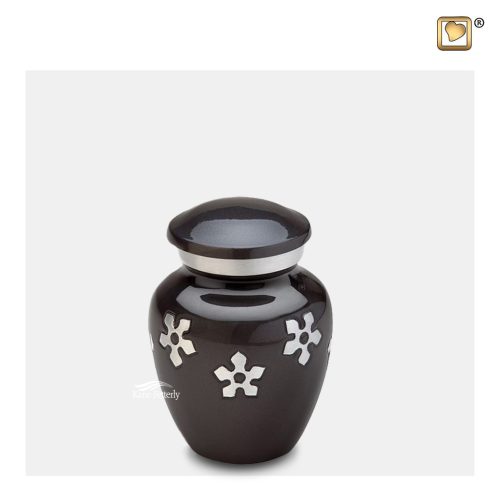 Urn miniature with flowers featuring a glossy dark blue-grey finish