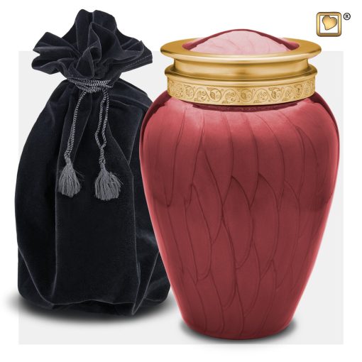 Crimson red urn shown with velvet bag