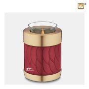 Tealight keepsake urn with a crimson pearl finish and brushed gold accents