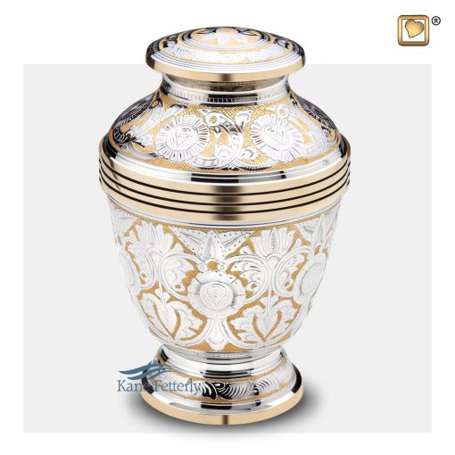 Brass urn with intricate silver and gold engraved floral motifs