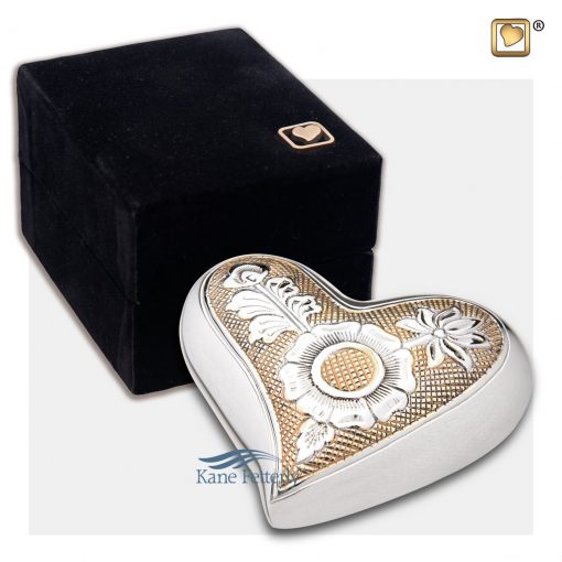 Brass heart miniature urn shown with box