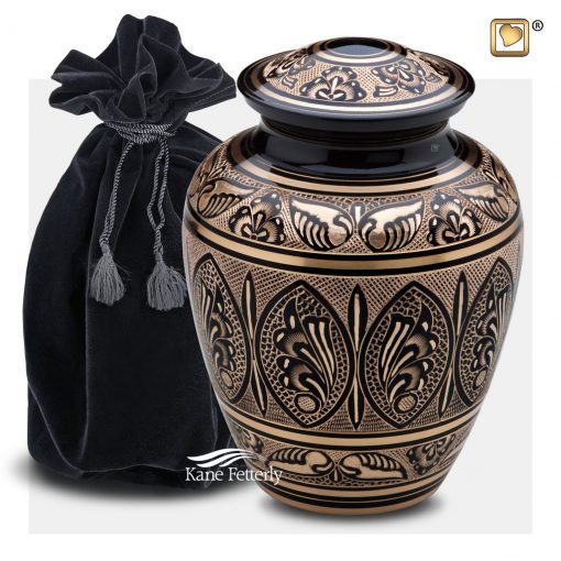 Urn shown with black velvet bag