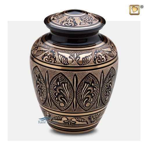 Black brass urn with engraved gold floral motifs and butterfly wings
