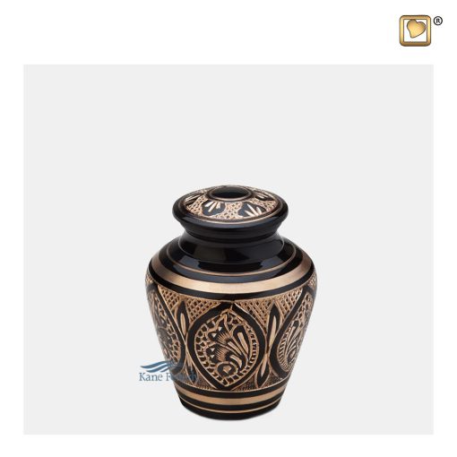 Black and gold miniature urn with floral motifs and butterfly wings