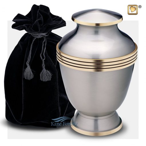 Silver urn shown with velvet bag