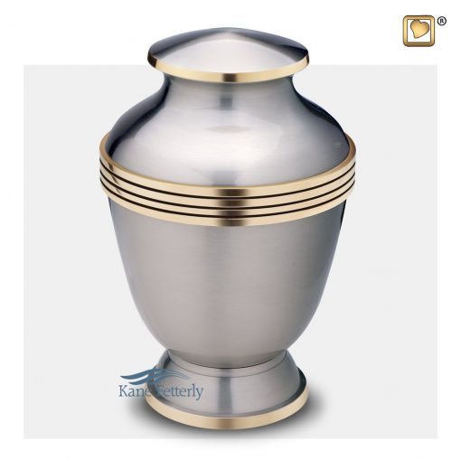 Silver brass urn with gold band around the diameter.