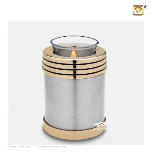 Silver brass tealight miniature urn with gold bands.