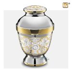 Brass urn with silver and gold engraved floral motifs and and mirror-polished finish