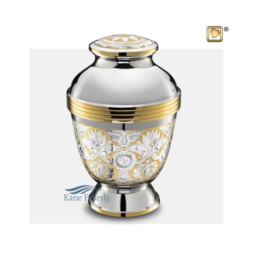 Brass urn with intricate silver and gold engraved floral motifs and mirror-polished finish
