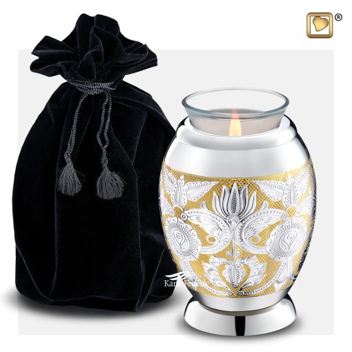 Tealight keepsake urn shown with velvet bag.