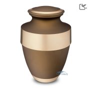 Brown metal urn featuring a wide gold band.