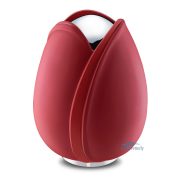Tulip-shaped urn with a red finish and polished silver accents.