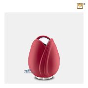 Tulip-shaped miniature urn with a red finish and polished silver accents