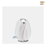 Tulip-shaped miniature urn with a white finish and polished silver accents