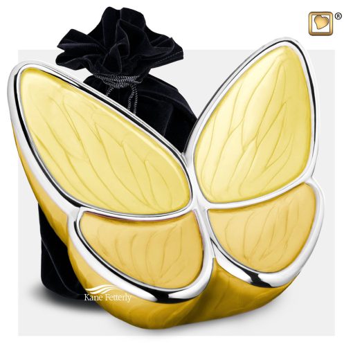 Yellow butterfly urn shown with velvet bag