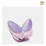 Butterfly miniature urn in brass and aluminum, lavender and pink pearlescent finish.