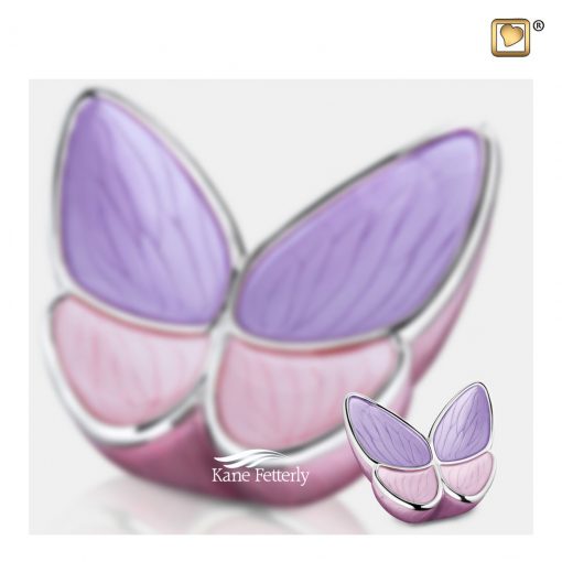 Butterfly miniature urn in brass and aluminum, lavender and pink pearlescent finish.