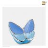 Blue butterfly miniature urn, two-tone blue pearlescent finish.
